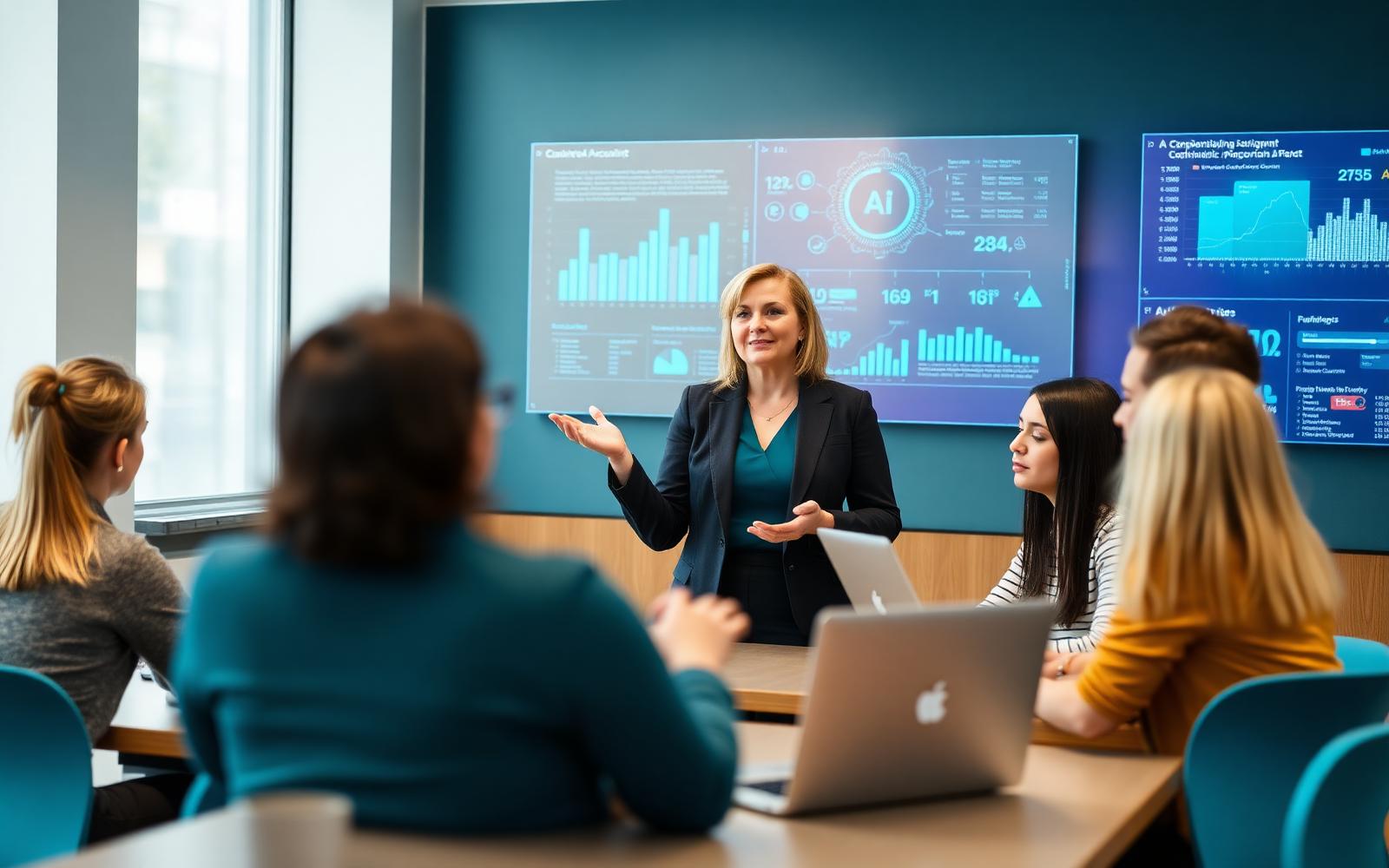 Woman trainer teaching AI concepts to chartered accountant students