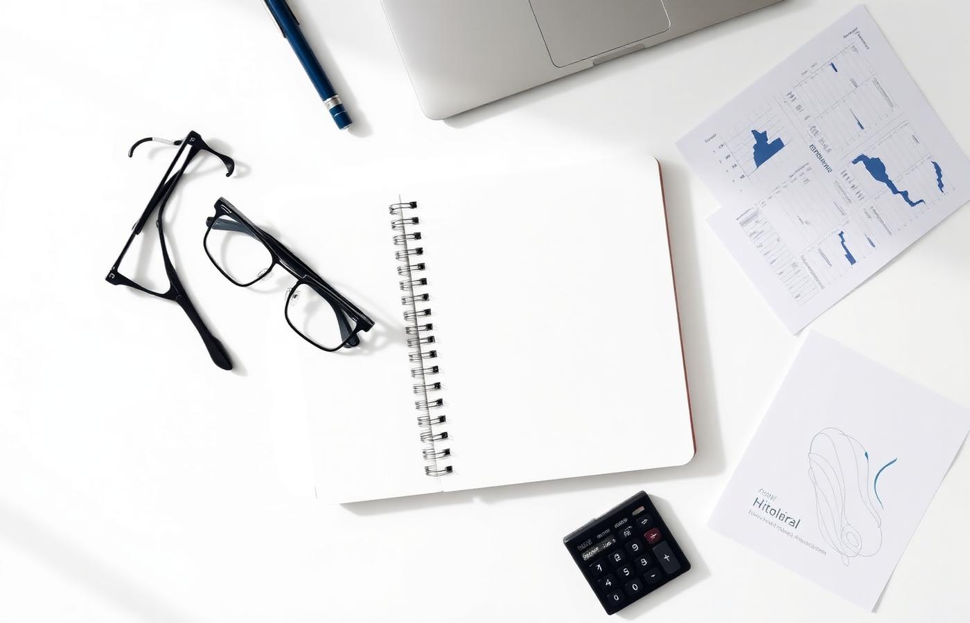 Workspace with notebook, glasses, and financial reports
