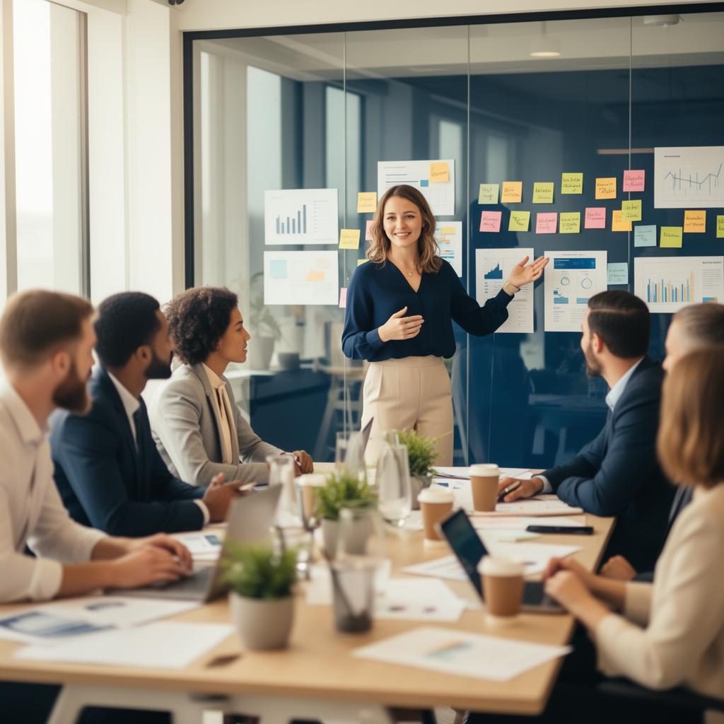 Diverse team collaborating in a modern office, woman leader presenting