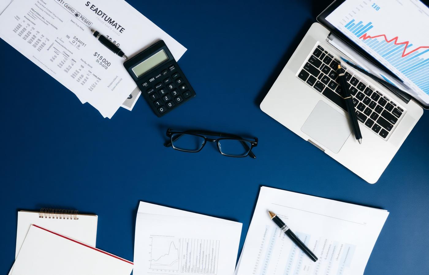 Financial documents, calculator and laptop on a navy desk
